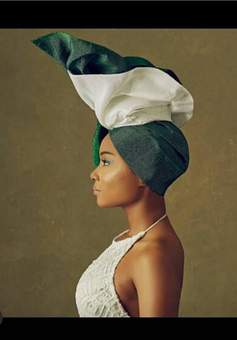 Editorial green and white sculpted gele
