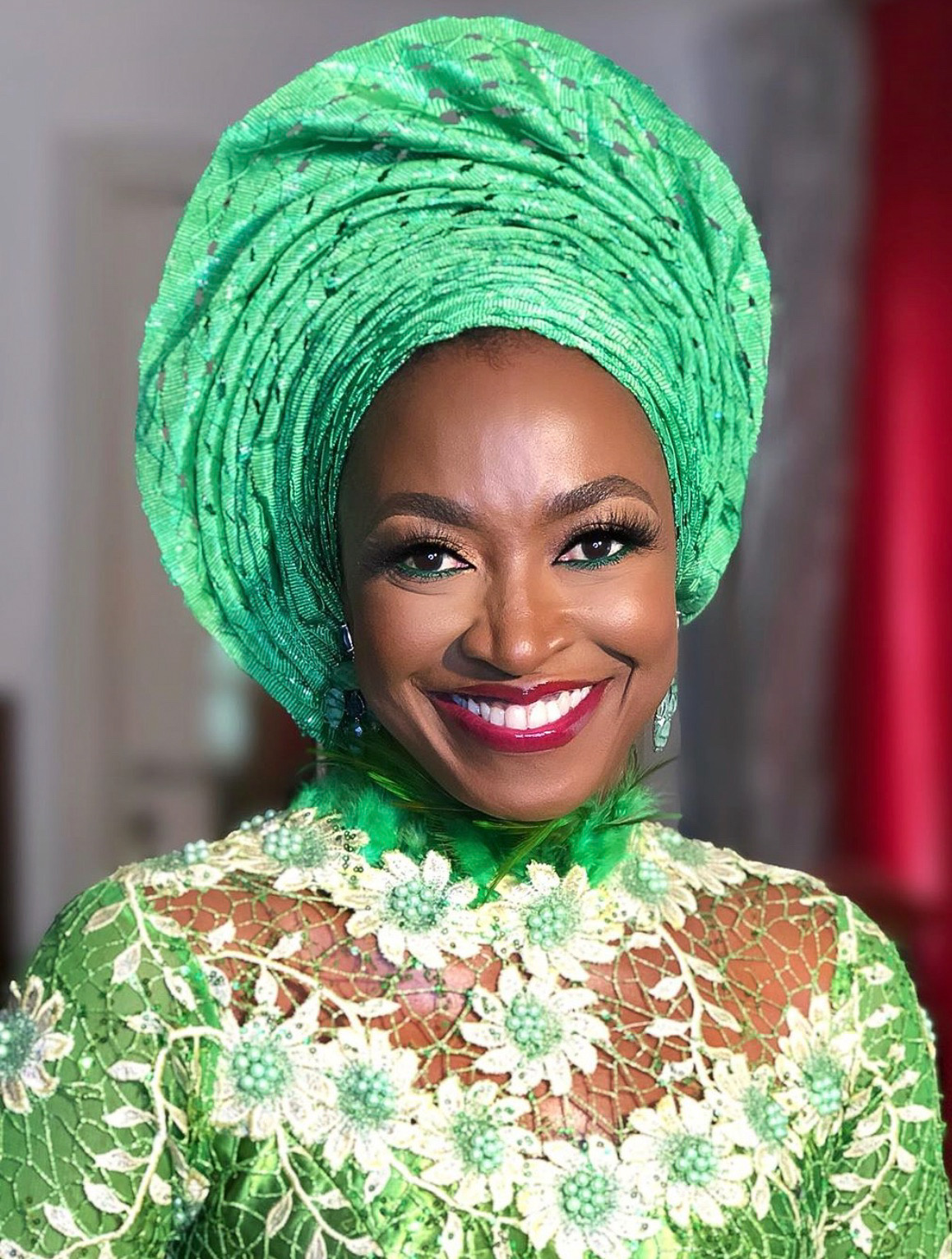 Emerald green gele with bridal glam