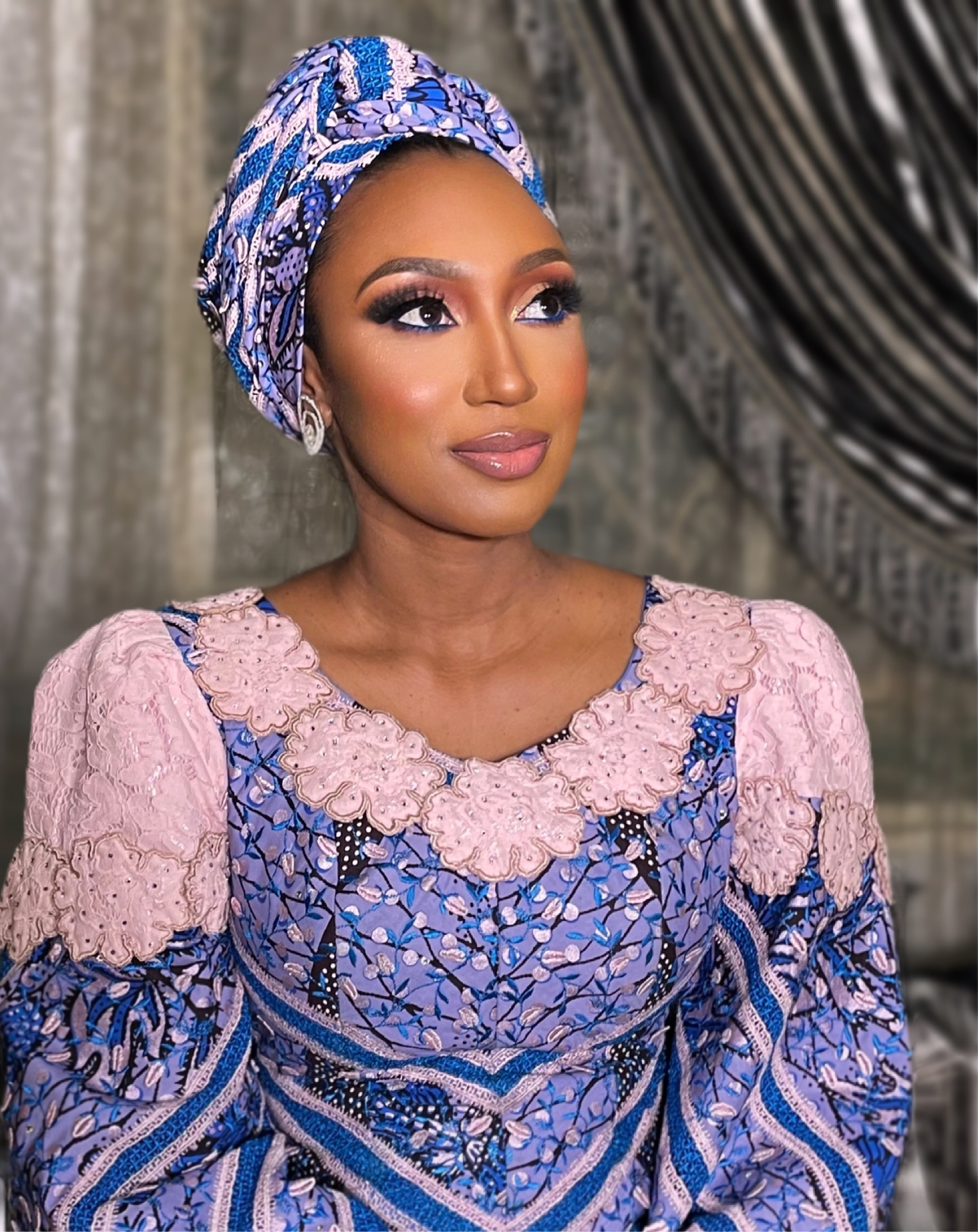 Blue print gele with lilac glam