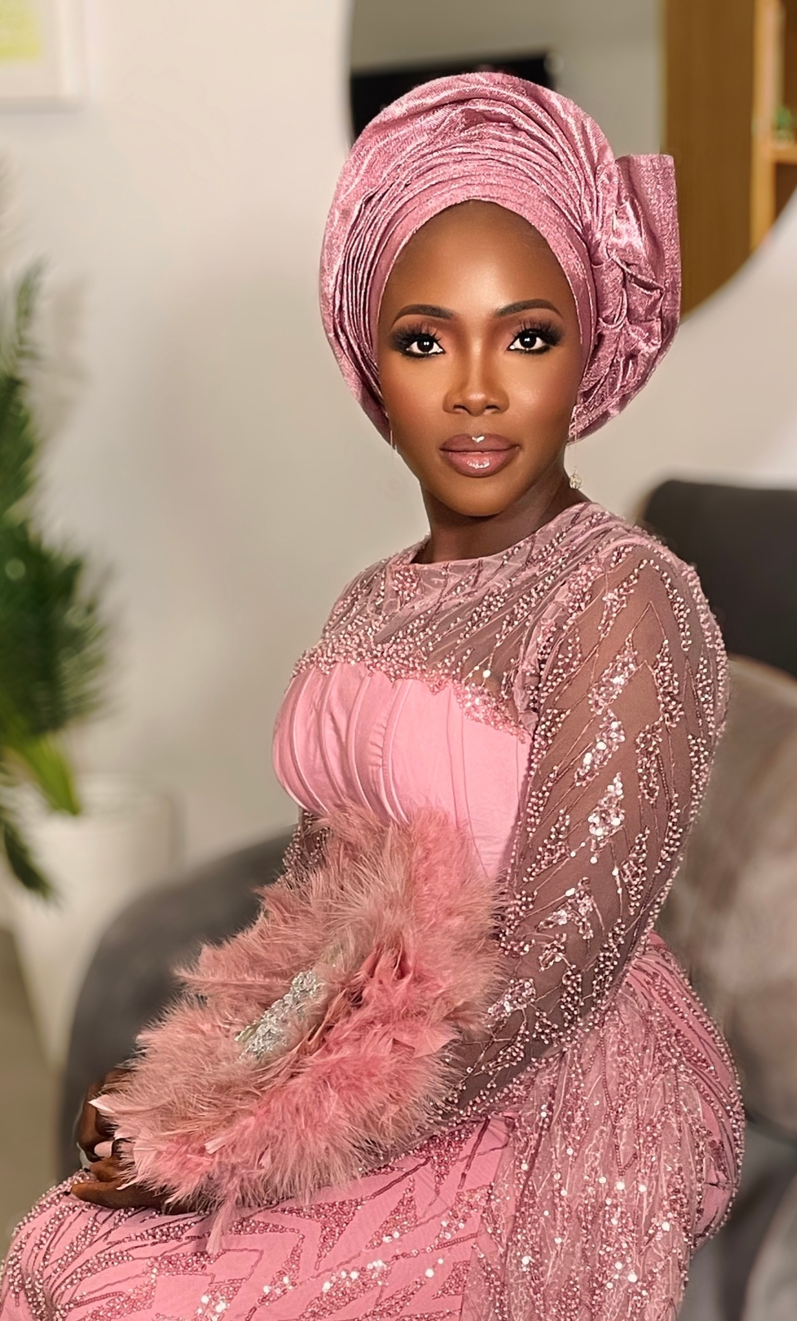 Pink gele with bridal glam